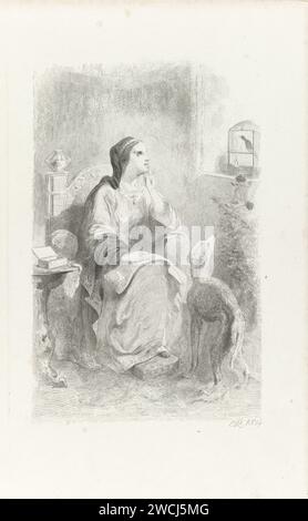 Helene schaut durch ein Fenster, Charles Rochussen, 1854 Druck Helene sitzt auf einem Stuhl und schaut durch ein Fenster hinaus. Es gibt einen Vogelkäfig im Fenster und ein magerer Hund steht vor ihr. Illustration einer Szene aus einem Buch mit Gedichten namens „Helene“. Amsterdam Papierhund. Vogel in einem Käfig. Erwachsene Frau Stockfoto