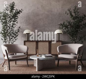 Eleganter Loungebereich mit modernen Stühlen aus der Mitte des Jahrhunderts und stilvollem Aufbewahrungsschrank Stockfoto