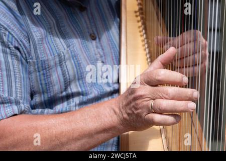 Nahaufnahme eines Mannes in einem blau gestreiften Hemd, der draußen Harfe spielt. Geringe Schärfentiefe, Fokus auf die Finger der rechten Hand Stockfoto