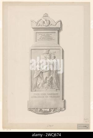 Graftombe Anna Barbera van Meerten-Schilperoort, Anonym, nach Ignatius Stracké, 1853 Druck zwei Figuren sind auf dem Grab abgebildet, die ein Medaillon mit dem Porträt des Verstorbenen daran binden. Niederlande Nische-Grab aus Papier, Wandgrab Stockfoto
