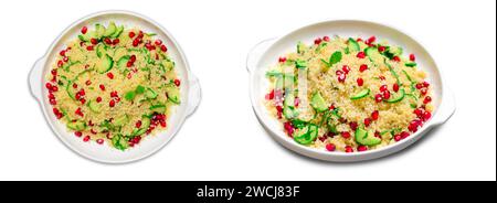 Couscous Salat mit Granatapfel, Minze und Gurken auf weißem isoliertem Hintergrund Stockfoto