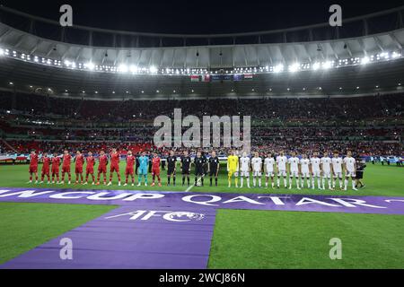 Katar 15. Januar 2024 - Mannschaftsaufstellungen beim AFC Asia Cup 2023 zwischen Indonesien und Irak im Ahmad bin Ali Stadium in Al-Rayyan, westlich von Doha, Katar, am 15. Januar 2024 Stockfoto