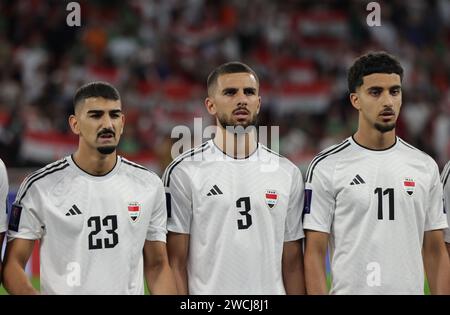 Katar 15. Januar 2024: Merchas Doski, Hussein Ali, Zidane Iqbal aus Indonesien, Kopfschuss, Kopf und Schultern, während des AFC Asia Cup-Spiels 2023 zwischen Indonesien und Irak im Ahmad bin Ali Stadium in Al-Rayyan, westlich von Doha, Katar, am 15. Januar 2024 Stockfoto