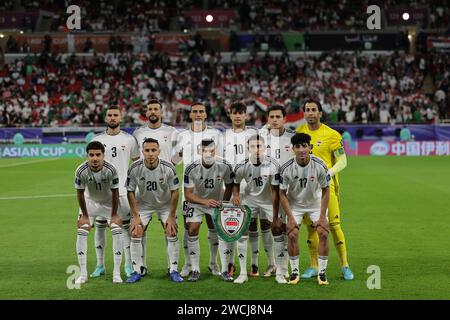 Katar 15. Januar 2024 - Teamfoto Hussein Ali, Ali Adnan, Mohanad Ali, Ibrahim Bayesh, Jalal Hassan, Zidane Iqbal, Osama Rashid, Merchas Doski, Amir Al-Ammari, Ali Jasim aus dem Irak während des AFC Asia Cup-Spiels 2023 zwischen Indonesien und Irak im Ahmad bin Ali Stadium in Al-Rayyan, westlich von Doha, Katar, am 15. Januar 2024 Stockfoto