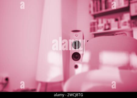 Ein luxuriöses Wohnzimmer in sanften Rosa-Tönen mit großen Lautsprechern und einem eleganten Lampenschirm. Ein Ambiente mit Raffinesse und Stil Stockfoto