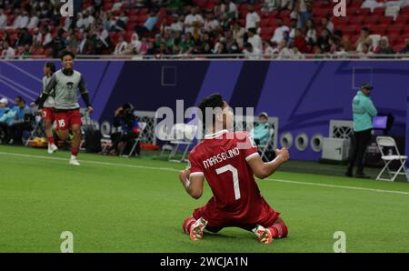 Katar 15. Januar 2024: Marselino Ferdinan feiert, nachdem er 2023 im Ahmad bin Ali Stadium in Al-Rayyan, westlich von Doha, Katar, ein Tor geschossen hat 2024 Stockfoto