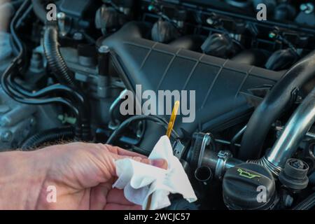 Der Mechaniker überprüft den Ölstand im Fahrzeug, aus Nahsicht und auf einem unscharfen Hintergrund. Stockfoto