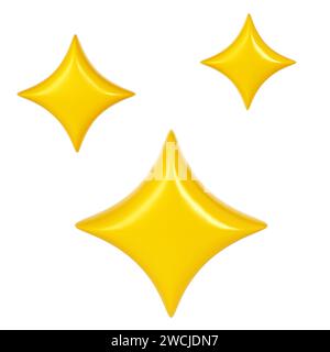 3D Winter gelbe Weihnachtssterne funkeln. Niedliches, sternförmiges Objektelement-Symbol. Glanzsymbol isoliert auf weißer Hintergrunddarstellung Stockfoto