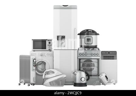 Sammlung von Küchen- und Haushaltsgeräten, 3D-Rendering isoliert auf weißem Hintergrund Stockfoto