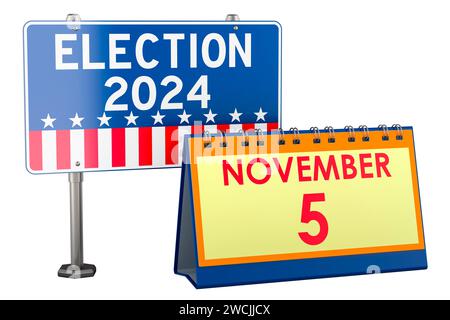 Wahl in den USA 2024 Werbetafel mit Tischkalender. 3D-Rendering isoliert auf weißem Hintergrund Stockfoto