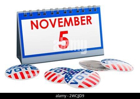 Wahl in den USA 2024 Wählerabzeichen mit Tischkalender. 3D-Rendering isoliert auf weißem Hintergrund Stockfoto