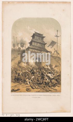 Französische und britische Truppen stürmen den alten Sommerpalast in Peking, Carel Christiaan Antonius zuletzt, nach Jules Worms, 1860 drucken die alliierten Truppen kämpfen gegen chinesische Soldaten an einem Stadttor. Nach Entwurf von: Parisprinter: The Haager Paper Charge  Battle (+ Landstreitkräfte). Stadttor Peking Stockfoto