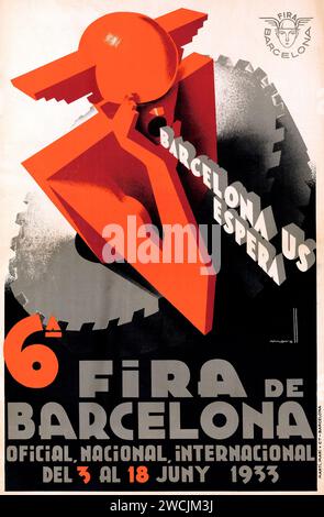 Fira de Barcelona (1933) Poster der Ausstellung - Josep Morell Macias Kunstwerk - Barcelona US Espera - spanisches Poster Stockfoto