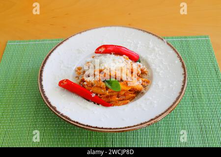 Pene alla arrabiata, italienische Pasta mit roter Sauce, serviert auf einem Tisch auf einem Teller mit frisch geriebenem Parmesan. Stockfoto