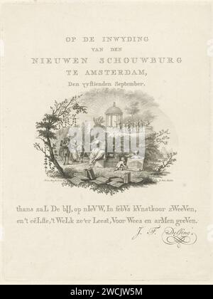 Zeitverse zur Initiierung der Nieuwe Amsterdamse Schouwburg, 1774, Noah van der Meer (II), 1774–1775 Druck Blatt mit einer ovalen allegorischen Performance und einer zwei-Wege-Zeit zur Initiierung der neuen Amsterdam Schouwburg am Leidseplein, 15. September 1774. Diese Stadsschouwburg wurde als Ersatz für das Theater an der Keizersgracht errichtet und brannte 1890 ab. In der Mitte begrüßt die Personifikation der Amsterdam Schouwburg mit einem neuen Bijenkorf einen Mann und zwei Kinder auf ihrem Schoß. Rechts von ihren beiden Putten, die ein Bild des neuen Gebäudes aufrollen. In den Vordergrund Bücher und Schriften Stockfoto