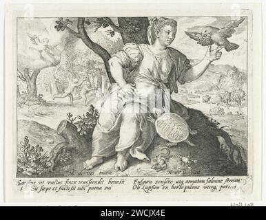 SENSE Feeling, Nicolaes de Bruyn, nach Maerten de Vos, 1581–1656 Printfrau als Personifikation des SENSE Feeling sitzend in der Landschaft mit Papagei an der Hand und Schildkröte auf dem Boden. Die Vertreibung von Adam und Eva aus dem Paradies wird im Hintergrund gezeigt. In Rand unter zwei Zeilen lateinisch. Niederlande Papier Gravur Feeling (einer der fünf Sinne). Ziervögel: Papagei. Schildkröten, Schildkröten. Vertreibung von Adam und Eva aus dem Paradies (1. Mose 3,22-24) Stockfoto