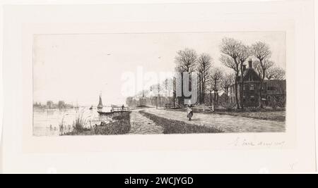 Häuser an der Amstel, Elias stark, 1887 Druckhäuser entlang des Flusses Amstel. Eine Frau läuft auf der Straße. Nieuwer-Amstel-Papier. Ätzen Fluss (+ Landschaft mit Figuren, Personal) Amstel (Fluss) Stockfoto