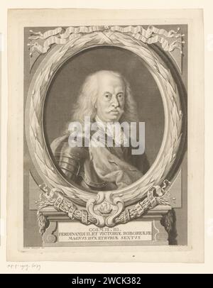 Portret Van Cosimo III de 'Medici, Georg Martin Preissler, nach Giovanni Domenico Campiglia, 1738 Druckpapier mit Gravur historischer Personen. Rüstung. Schiffe (im Allgemeinen). Sterne Stockfoto