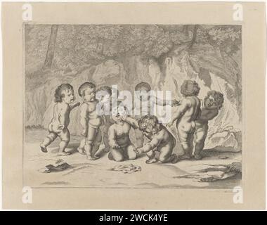 Putti spielt mit einem Taschentuch, anonym, nach Michiel Mosijn, nach Gerbrand van den Eeckhout, 1645–1701 drucken Eine Gruppe, die Putti in einer Landschaft spielt. Einer der Putten nimmt ein Taschentuch vom Boden, während er ein anderes wegschiebt. Amsterdamer Papierstich Cupiden: 'amores', 'amoretti', 'Putti'. Spiele mit speziellen Gegenständen (Marmor, Oberteil, Reifen usw.) Stockfoto
