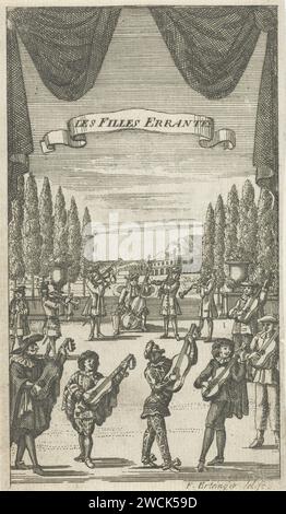 Titelseite für Les Filles Errantes, in Le Théâtre Italien de Gherardi, Paris 1700, Franz Ertinger, 1694 - 1700 Druckszene aus einem Stück. Zwölf Musiker im Kreis. Im Hintergrund Bäume und eine Villa. Titelseite für das Stück La Coquette ou l’Académie des Ladies von Jean-Francois Regnard, das 1700 in Le Théâtre Italien de Gherardi von Evaristo Gherardi veröffentlicht wurde. Verso Side erwähnt, dass das Stück am 24. August 1690 in Hôtel de Bourgogne uraufgeführt wurde. Paris (möglicherweise) Papierätzung/Gravur „Commedia dell'arte“. Musik machen; Musiker mit Instrument Stockfoto