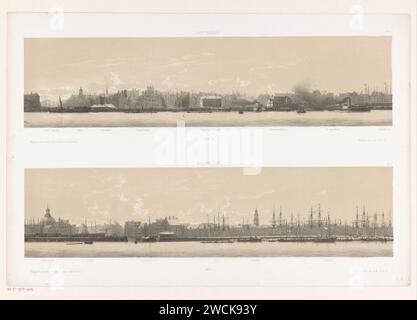 Proflier Van Amsterdam, Johan Conrad Grive, 1860 Druck die Stadt wurde vom IJ gesehen. Im oberen Profil sind die Börse, der Damrak, der Palast am Dam-Platz, de Nieuwe Kerk, die Texelse Kade, Rijn & IJssel Maatschappij, de Nieuwe Stadsherberg, die Haringpakkerij und der alte Yachthafen dargestellt. Das zweite Profil unten wird mit der lutherischen Kirche, dem Singel, dem Haarlemmerboom, dem Droogbak, dem Westerkerk und dem Westerdok fortgesetzt. Beide Profile sind oben rechts nummeriert. Amsterdam Papier Aussicht auf die Stadt, Stadtpanorama, Silhouette der Stadt Amsterdam Stockfoto