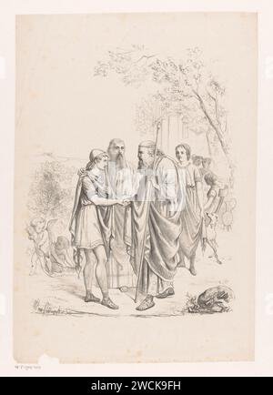 Telemachus besucht Nestor auf der Insel Pylon, Wilhelmus Petrus van Geldorp, 1870 Print Telemachus verließ sein Zuhause, um seinen Vater Odysseus zu finden. Athena, verkleidet als ein alter Mann namens Mentor, begleitet ihn. Sie gibt ihm den Mut, sich an König Nestor zu wenden. Rotterdamer Zeitung Telemachus' Begegnung mit Nestor am Meer während eines Opfers für Neptun. Hände schütteln, 'Dextrarum junctio'. Nestor. Telemachus in Pylus Stockfoto