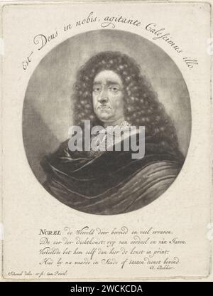 Porträt des Dichters Jan Norel, Pieter Schenk (I), 1700 - 1713 Druck des Dichters Jan Norel mit langer Lockenperücke. Neben ihm eine Büste und ein Bücherregal im Hintergrund. Amsterdamer Papiergravur Porträt eines Schriftstellers. Perücke. Buch Stockfoto