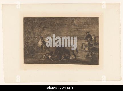 Stier von Hunden angegriffen, Francisco de Goya, 1876 Druck fünf Hunde greifen einen Stier in einer Arena an. Ein Hund ist auf dem Boden verwundet. Auf der rechten Seite ein Mann zu Pferd, auf dem Rücken gesehen. Oben rechts: C. Druckerei: Spainpublisher: Paris Paper Etching Bullfight Stockfoto
