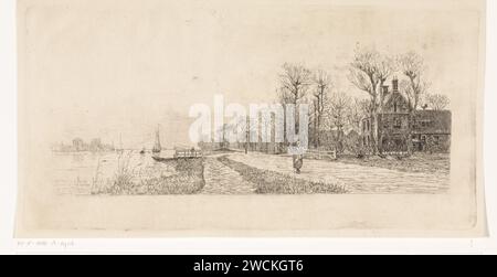 Häuser an der Amstel, Elias stark, 1887 Druckhäuser entlang des Flusses Amstel. Eine Frau läuft auf der Straße. Nieuwer-Amstel Papierätzung Fluss (+ Landschaft mit Figuren, Personal) Amstel (Fluss) Stockfoto