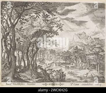 Bergige Flusslandschaft, anonym, nach David Vinckboons, 1657–1675 links drucken ein Hirte mit seiner Herde. Rechts zwei Kühe am Ufer des Flusses. Dahinter zwei Figuren in einem Ruderboot. In der Ferne eine Steinbrücke. Auf der rechten Seite ein bergiges Gebiet mit einigen Gebäuden. Druckerei: Low Countriesnach Design von: Low CountriesVerlag: Amsterdam Paper Graving River. Berge. Hirten, Hirten, Hirten, Hirten, Hirten, Hirten, Hirten, Kuhhirte usw. Stockfoto