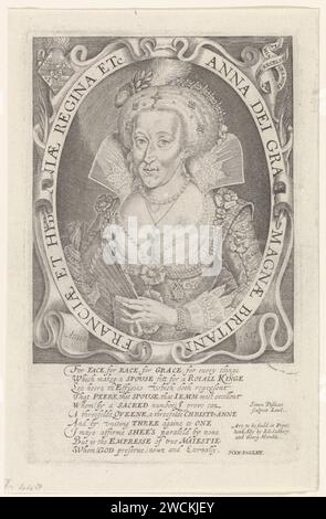 BostePortret von Anna van Dänemark, Königin von England, Simon van de Passe, 1617 Druck BostePortret von Anna van Dänemark, Gemahlin von König Jacobus I. von England. Sie hält einen Ventilator in der linken Hand. Oben links das Wappen von England und Dänemark. Am Rand des Rahmens Name und Funktion der dargestellten Person in lateinischer Sprache. Am Rande ein zehnzeiliges Lob auf Englisch. London Papiergravurfan Stockfoto