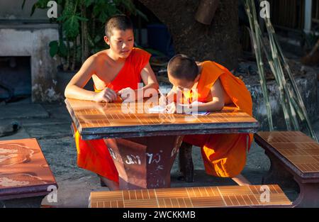 Zwei junge Mönche studieren in einem Tempel, Luang Prabang, Laos Stockfoto