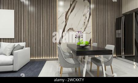 Minimalistisches Design mit Marmor- und Holztäfelung Stockfoto