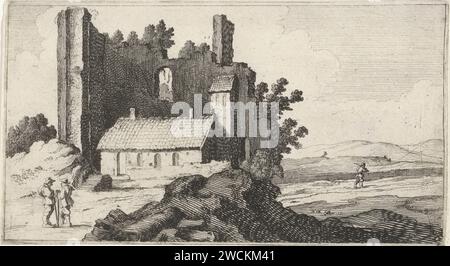 Kapelle in einer Ruine, Gillis van Scheyndel (I), nach Antoine Perelle, 1605 - 1653 Drucken Ansicht einer hügeligen Landschaft mit einer Kapelle in einer Ruine. Im Vordergrund stehen zwei Männer im Gespräch. Der Druck ist Teil einer Serie von zwölf Landschaften. Niederlande Papierätzung Kreuzgang  Kloster. Landschaft mit Ruinen Stockfoto