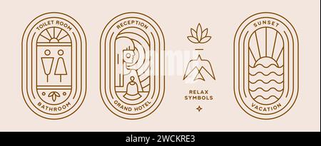 Set aus minimalistischer Strichart-Logo-Vorlage. Einfaches, modernes Design mit grafischem Logo für Marke. Meersonnenlandschaft, Rezeptionshotel, wc wc Toilette Toilette Toilette. Symbol für Sammelzeile. Vektorabbildung Stock Vektor