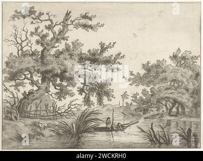 Landschaft mit zwei Fischern, Hermanus Fock, 1781 - 1822 Drucken Ansicht eines großen Baumes und eines Fischerbootes mit zwei Männern, von denen einer ein Fischernetz einbringt. Im Hintergrund, unter einem Baum, steht ein Mann mit einer Stange am Ufer des Flusses. Amsterdamer Papierätzer Stockfoto