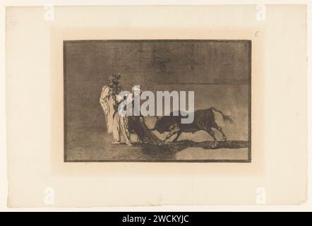 Stierkämpfer in einer Arena, Francisco de Goya, 1876 drucken zwei Stierkämpfer (Toreros) in maurischer Kleidung kämpfen mit einem Stier in einer Arena. Einer der Männer fordert den Stier mit einem Mantel heraus. Rechts oben nummeriert: 6. Druckerei: Spainpublisher: Paris Paper Radiching Stierkampf. Stierkämpfer, Toreador. Bull. Kopfschutz: Turban Stockfoto