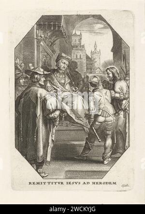 Christus für König Herodes, Cornelis Galle (I), 1586–1650 Druck Christus wird von zwei Soldaten vor König Herodes gebracht. Sechster Druck aus einer Serie von 13 mit Aufführungen der leidenden Geschichte Christi. Südholländische Papiergravur Christus vor König Herodes; manchmal wird ein herrliches Gewand mitgebracht (Lukas 23:8-11) Stockfoto