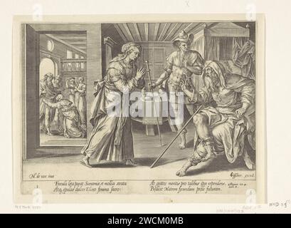 ELISA besucht die sunnemitische Ehefrau Hans Collaert (I), nach Maerten de Vos, 1643 Druck der Prophet Elisa kommt, um mit einem Paar aus der Stadt Sunem zu essen. Später am Abend kommt die Frau zu ihm. Als Belohnung für ihre Gastfreundschaft segnet er sie und verschmilzt sie innerhalb eines Jahres schwanger mit einem Sohn. Der Druck hat eine lateinische Unterschrift und ist Teil einer Serie über Elisa und die Sunnemite. Druckerei: AntwerpAfter Design von: Antwerppublisher: Amsterdam Papier mit Gravur der Gastfreundschaft der Shunammite Frau. Elisha verspricht der Shunammite-Frau einen Sohn im Gegenzug für ihre Gastfreundschaft Stockfoto