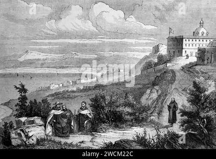 Illustration der biblischen Szene der Mönche am Mount Carmel aus der Illustrated Family Bible Stockfoto
