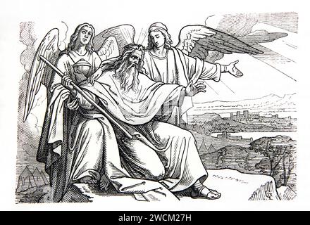 Illustration von Moses, der das gelobte Land vom Berg Nebo aus betrachtet, „Sehen Sie das Land, das ich den Kindern Israels gegeben habe“ von der Illustrated Family Stockfoto