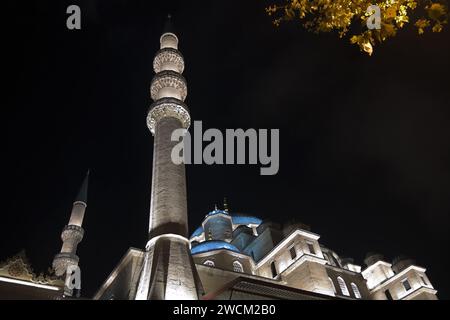 Blick auf die neue Moschee bei Nacht. Yeni Cami bedeutet neue Moschee. Es liegt am Goldenen Horn am südlichen Ende der Galata-Brücke und ist einer der berühmtesten Architekten Stockfoto