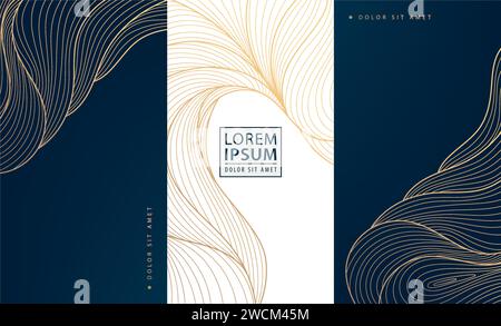 Vektorsatz von goldenen japanischen Hintergründen, Linienwellenstrukturen, elegante Luxus-Design-Elemente. Für Weinetikett, Seife, Parfüm, Einladung, Banner und Stock Vektor