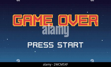 Pixelart Spiel über Bildschirm mit Sternenhimmel auf Hintergrund. 8-Bit-Retro-Video-Arcade-Stil Game-over-Hintergrund-Bildschirm mit Drücken der Start-Taste Stock Vektor