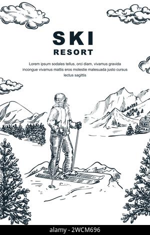 Reiseposter für Skigebiete, Banner-Design. Vektorgrafik von Hand gezeichnet. Skifahrer auf den Bergen, Gipfeln, Hügeln und Pinienwäldern Stock Vektor