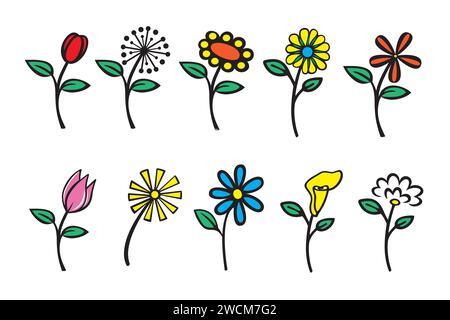 Set von handgezeichneten Doodle Blumen isoliert auf weißem Hintergrund. Stock Vektor