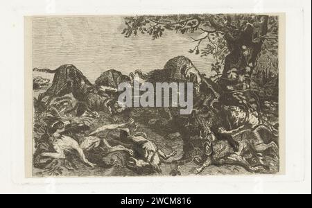 Jagd auf ein Wildschwein, Jan Cassiers, nach Frans Snijders, 1700 - 1800 Print Jagdhunde greifen ein Wildschwein an. Das Wildschwein versucht sich zu verteidigen, aber die Hunde haben es umzingelt. Nach dem Malen von: Antwerpprint-Hersteller: Südholländische Papierätzung Jagdhunde. Sport, Spiele  Tiere (+ Jagd mit Hunden). Wildschweinjagd. Eber (männliches Schwein) Stockfoto