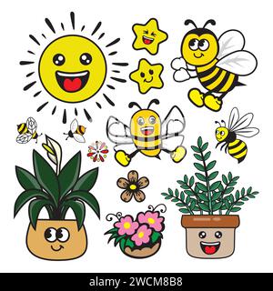 Sammlung von niedlichen Zeichentrickblumen und Bienen. Handgezeichnete Vektorgrafik. Stock Vektor