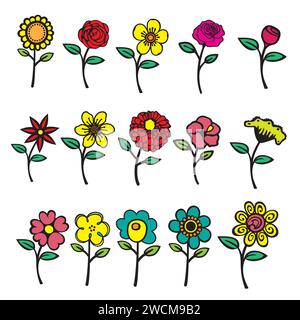 Set von handgezeichneten Doodle Blumen isoliert auf weißem Hintergrund. Stock Vektor