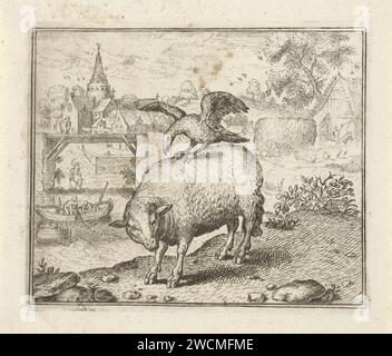 Fabel von der Schaap und de Kraai, Anonym, nach Aegidius Sadeler (II), nach Marcus Gheeraerts (I), 1608–1679 drucken Eine Krähe sitzt auf dem Rücken eines Schafes und pflückt seinen Schnabel im Schafblatt. Die Fabel beschreibt, wie die hungrige Krähe das Blut der Schafe genießt. Das Bitten der Schafe hilft nicht. Die Moral der Geschichte zeigt, dass man nicht mit Tyrannen verhandeln sollte. Prager Papier, das Fabeln ätzt. Schafe. Singvögel: Krähe Stockfoto